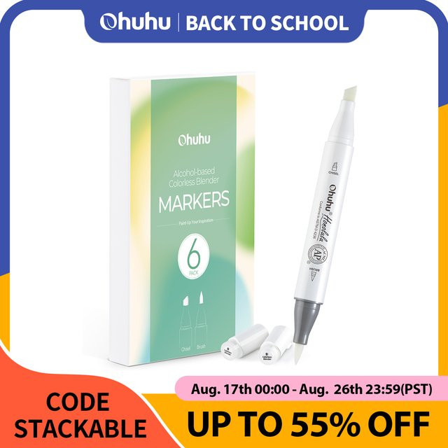 Ohuhu Honolulu Farbloser Mixer-Marker 6er-Pack transparent mit alkoholbasierter Tinte für Highlights, Texturen und zum Löschen - Bild 1