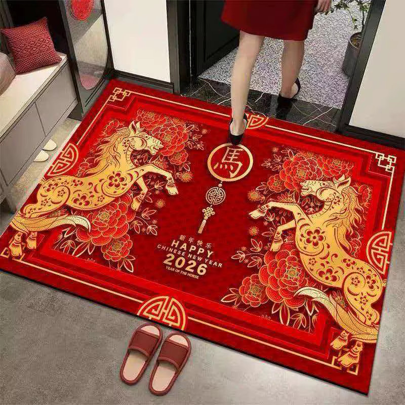 VIKAMA Rote Frühlingsfest-Fußmatte mit Pferde-Motiv, rutschfeste und waschbare Eingangsmatte, B/T: 60 x 40 cm - Bild 1