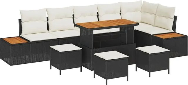 vidaXL 10-teiliges Garten-Sofa-Set aus Poly Rattan und Akazie mit Kissen in Schwarz-Creme - Bild 1