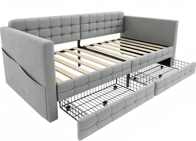 Merax Schlafsofa aus Samt mit Karomuster und Schubladen, Hellgrau, B/T/H: 90 x 190 x 34 cm - Bild 1