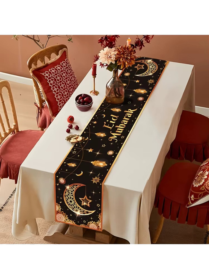 VIKAMA Tischläufer Schwarz-Gold mit Glitzer-Effekt für Eid Mubarak und festliche Anlässe, Material: Leinen, Breite: 33 cm, Länge: 90 cm - Bild 6