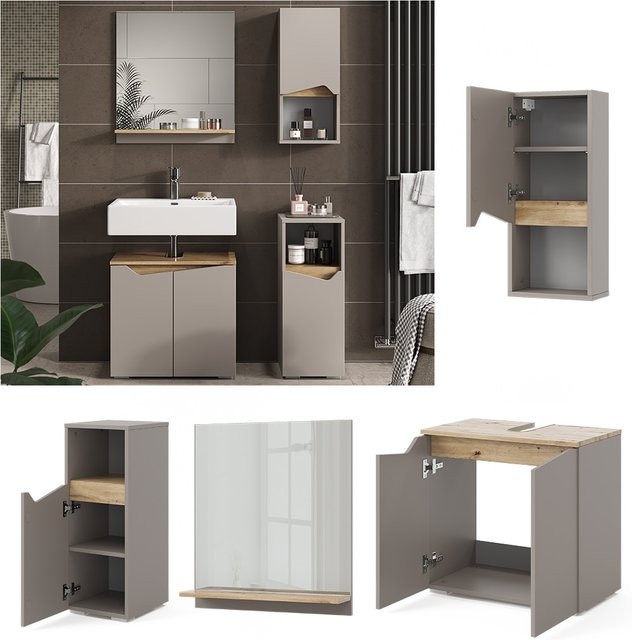 Vicco Badmöbel-Set Marelle in Greige und Eiche, 4-teilige Badezimmer-Kombination mit Badspiegel und Waschtischunterschrank - Bild 1