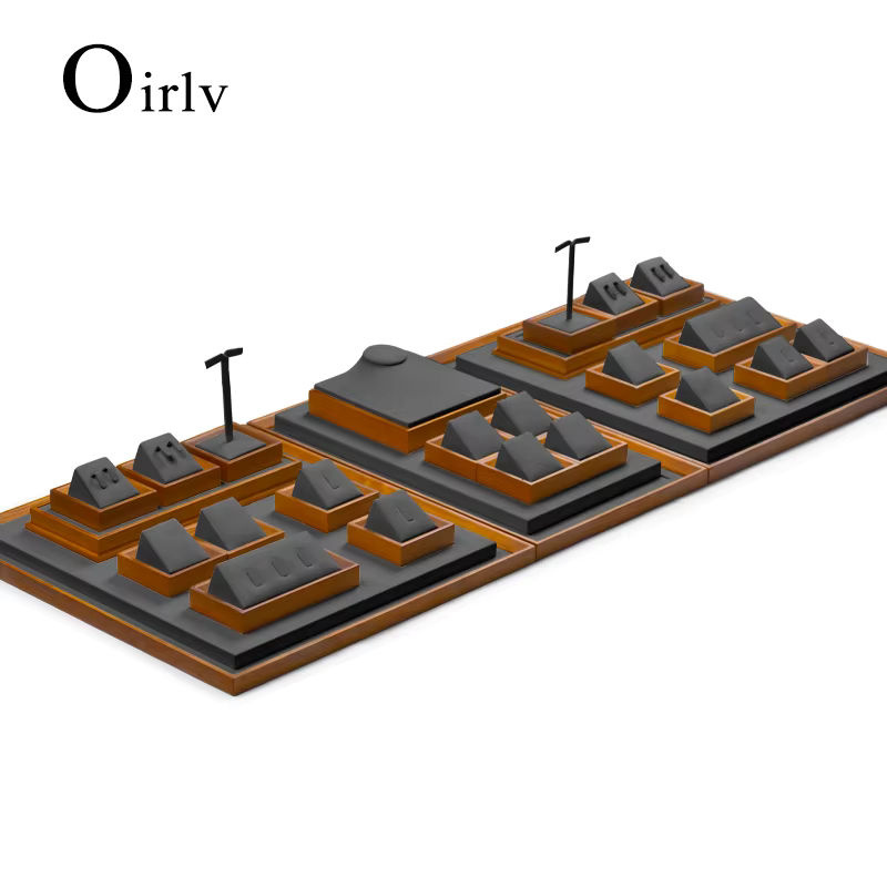 Oirlv Schmuckdisplay aus Massivholz und grauem Samt für Ringe, Ohrringe und Halsketten - Bild 3