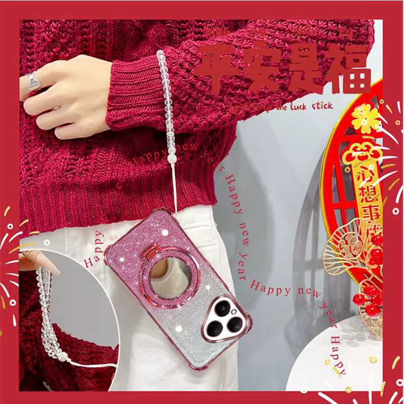 Glitzernde und stoßfeste Handyhülle mit Spiegelständer und Perlenarmband für Huawei Pura 80 70 Pro Plus Ultra in Pink - Bild 2