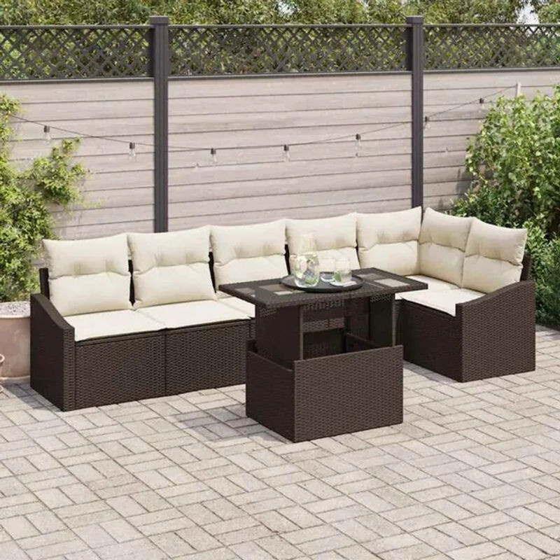 7-teiliges Polyrattan Garten-Sofa-Set von vidaxl in Braun und Beige mit Glastisch, Modernes Loungemöbel-Set, B/T/H: 100 x 55 x 73 cm - Bild 1