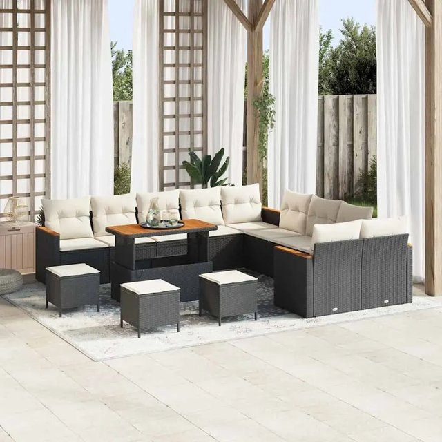 vidaXL 14-teiliges Garten Sofa Set aus Poly Rattan und Akazie in Schwarz-Creme - Bild 1