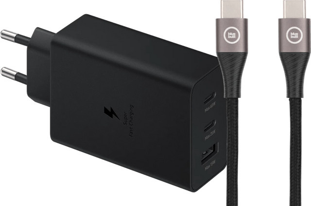 Samsung 65W Ladegerät in Schwarz mit 3 USB-Anschlüssen und USB-C-Nylonkabel 1,5m - Bild 1
