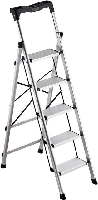 Buying Solutions MB 5-stufige Aluminium Trittleiter in Schwarz und Silber mit breiten Anti-Rutsch-Stufen und Komfort-Handgriff, Tragfähigkeit 149 kg - Bild 1