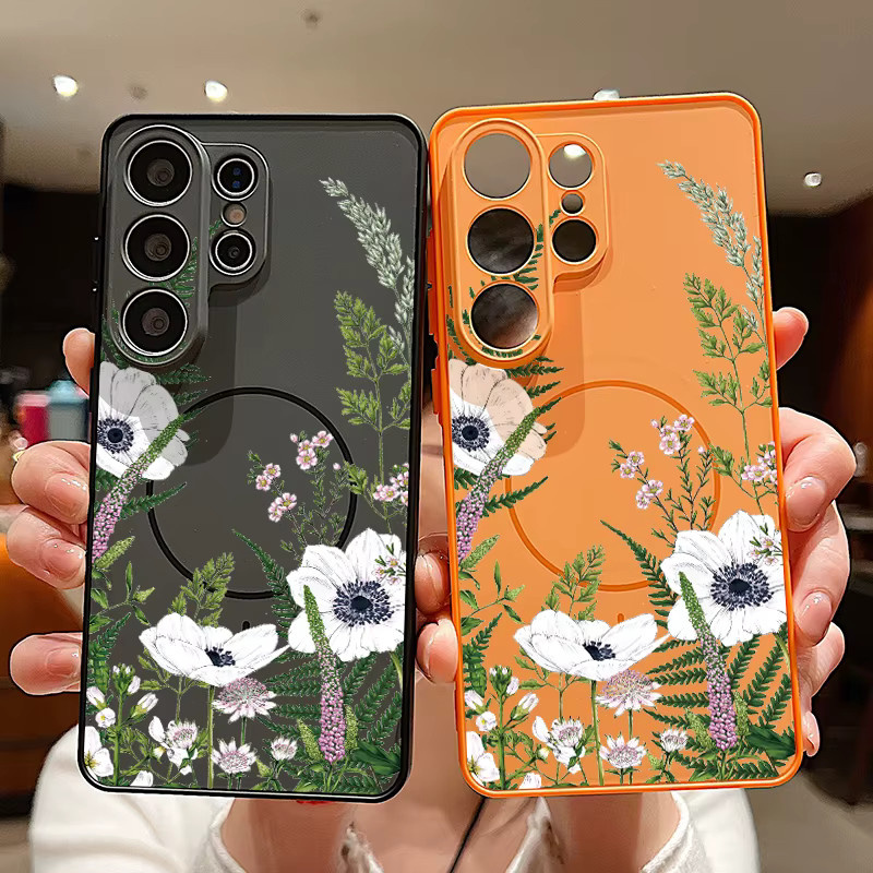 Magnetische Handyhülle mit Blumen- und Blattmuster für Samsung Galaxy S25 S26 Ultra Edge S24 S23 FE A17 A56 A37 A16 A55 A15 A36 A55 Cover in Schwarz - Bild 1