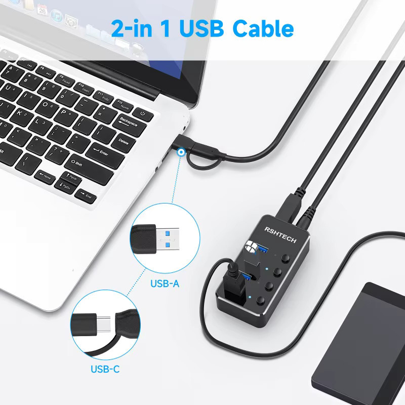RSHTECH USB-Hub aus Aluminium mit 5 Gbit/s, USB 3.0 Splitter mit 2-in-1 USB Typ-A und Typ-C Kabel, Farbe: Silber - Bild 5