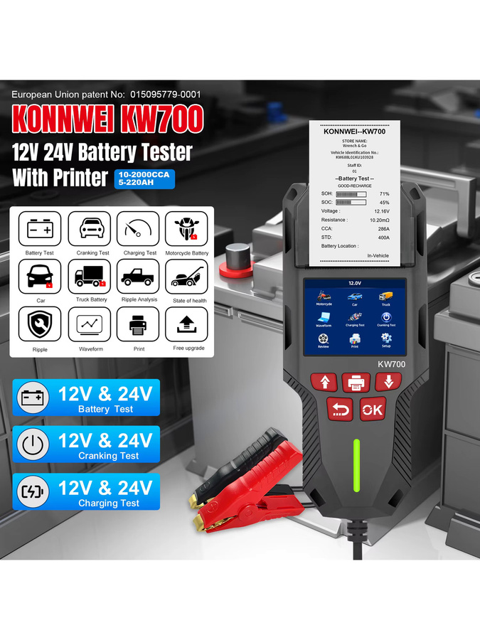 KONNWEI KW700 Batterietester für Auto, LKW und Motorrad mit Drucker, 12V/24V, 10-2000CCA, Diagnosegerät für Spannung, CCA, SOC und SOH, Schwarz - Bild 7