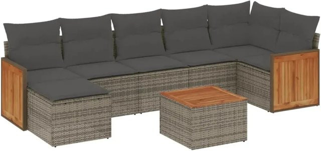 vidaXL 8-teilige Garten-Sofagarnitur in L-Form aus grauem Poly-Rattan mit Kissen und Akazienholz - Bild 1