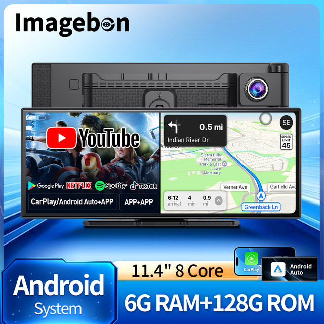 Imagebon Android 14 Dash-Kamera 11,4 Zoll mit 8 Kernen, 6+128G Speicher, CarPlay, Android Auto, Google Play, GPS-Navigation und AI Sprachsteuerung in Schwarz - Bild 1
