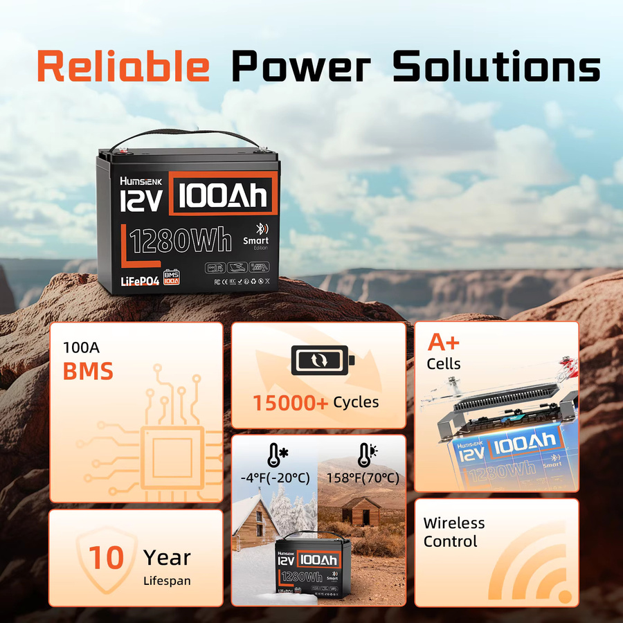 Humsienk Bluetooth LiFePO4 12V 100Ah Deep-Cycle-Batterie mit 100A BMS in Schwarz - Bild 3