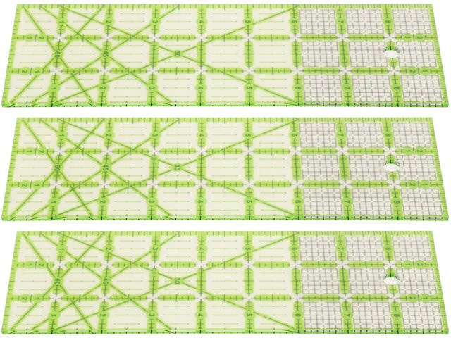 3 Stück Igeteck Quiltlineal aus Acryl mit Zollskala und grünen Führungslinien, transparent und beige - Bild 1