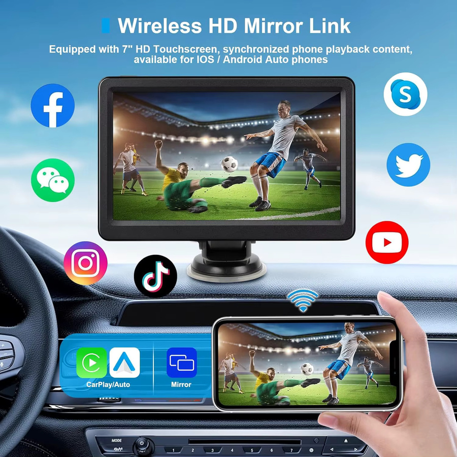 Gearelec 7 Zoll Universal Tragbares Carplay Wireless Android Auto Autoradio mit Bluetooth und Touchscreen in Schwarz - Bild 3