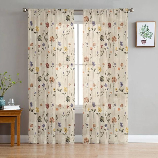 Yiran Furniture Retro Floral Wildblumen Vorhang aus transparentem Tüll und Organza, Farbe: Multicolour, B: 135 cm, H: 215 cm - Bild 1