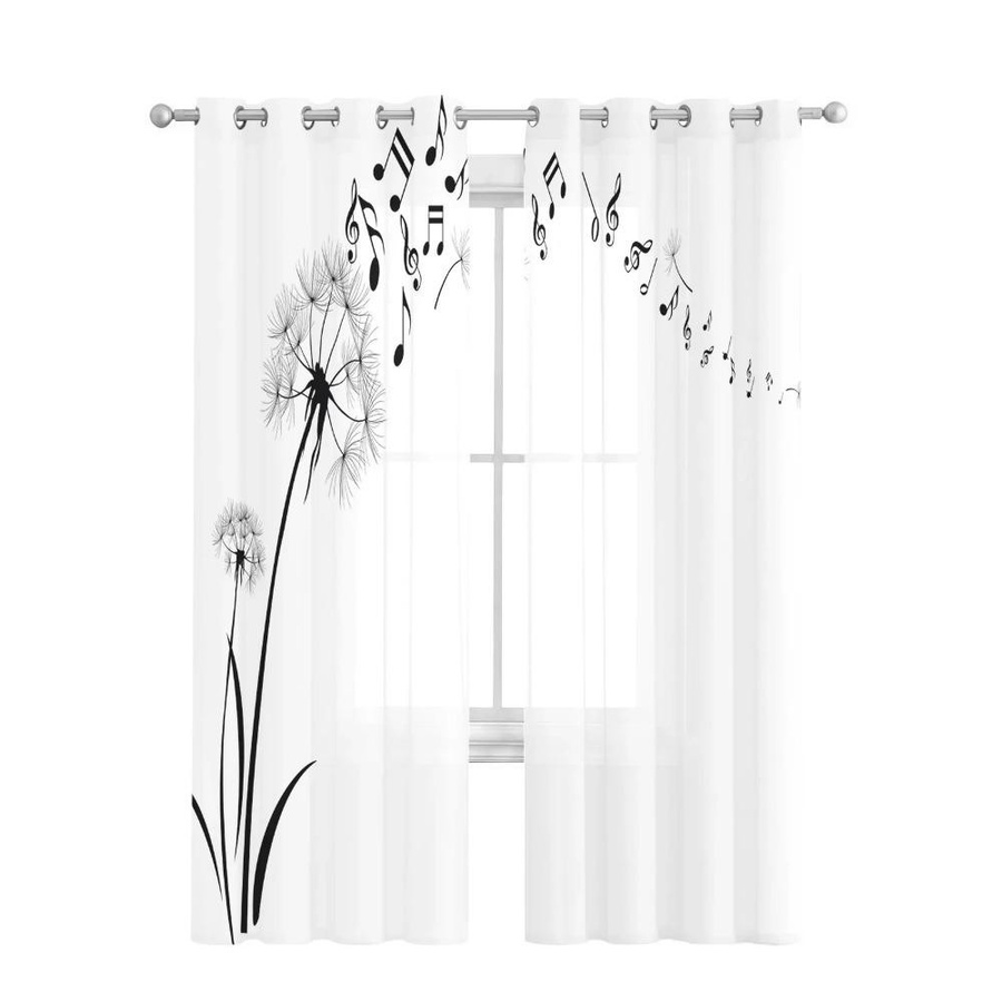 Yiran Furniture Transparentes Voile Organza Tüll Vorhang mit Musiknote und floralem Design, Weiß und Schwarz, Breite: 135 cm, Höhe: 115 cm - Bild 3