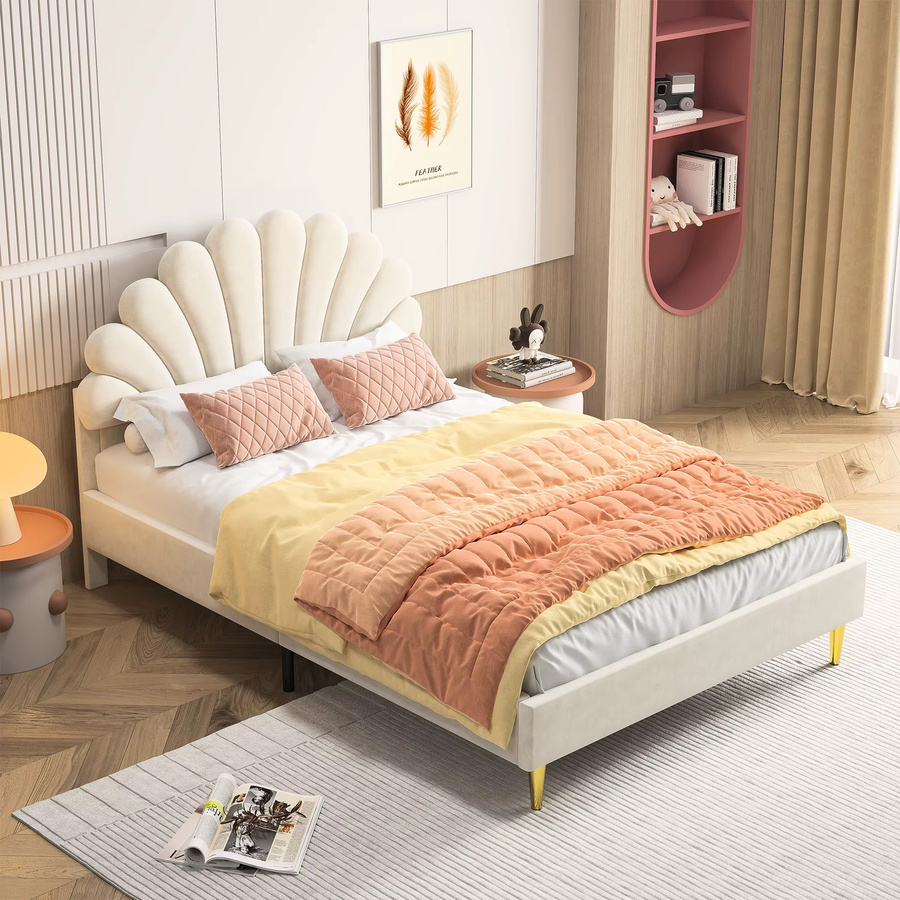 Anajqaqia Kinderbett aus Samt mit blumenförmigem Kopfteil und Lattenrost, Beige, B: 90 cm, L: 200 cm - Bild 2