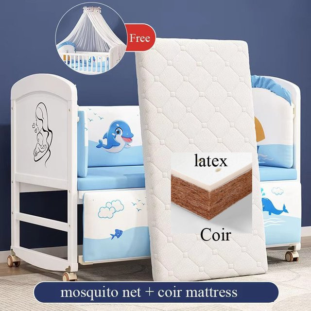 Komplettset für Babybetten aus weißem Holz mit Schaukelfunktion inklusive Moskitonetz, Bettwäsche und Naturlatex-Matratze - Bild 1