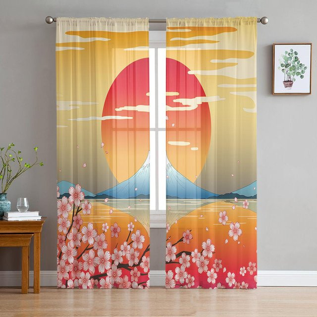 Transparente Tüll-Voile-Vorhänge im japanischen Stil mit Mt. Fuji und Sakura Kirschblüten von Household supplies MH, Farbe: Beige/Mehrfarbig, Breite: 135 cm, Höhe: 160 cm - Bild 1