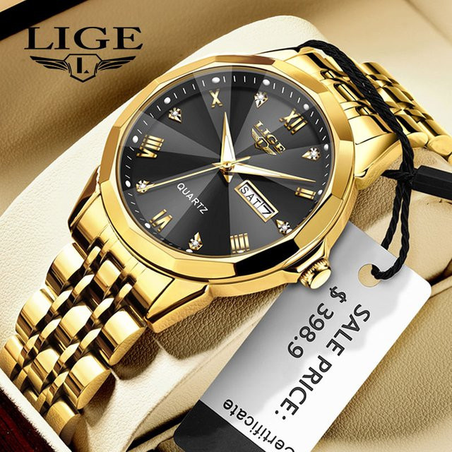 LIGE Armbanduhr Quarz, Edelstahl, Gold, Schwarz, Herren - Bild 1
