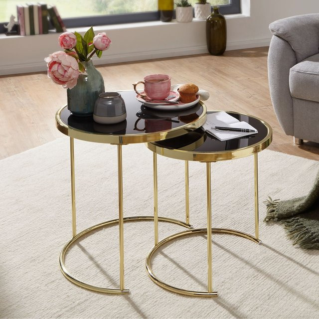 FineBuy Satztisch COMO 2er Set Beistelltisch und Couchtisch aus Metall und Glas in Schwarz/Gold - Bild 1