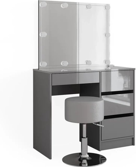 Vicco Schminktisch Sherry Grau Hochglanz mit LED Beleuchtung, Spiegel und Hocker, B: 90 cm, H: 75 cm, T: 40 cm - Bild 2