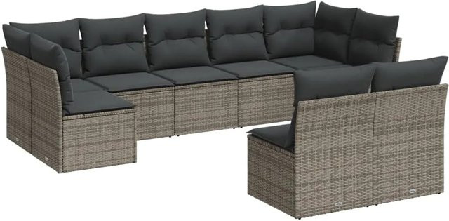 vidaXL 9-tlg. Garten-Sofagarnitur in U-Form aus Polyrattan in Grau mit Sitzkissen und Rückenkissen - Bild 1