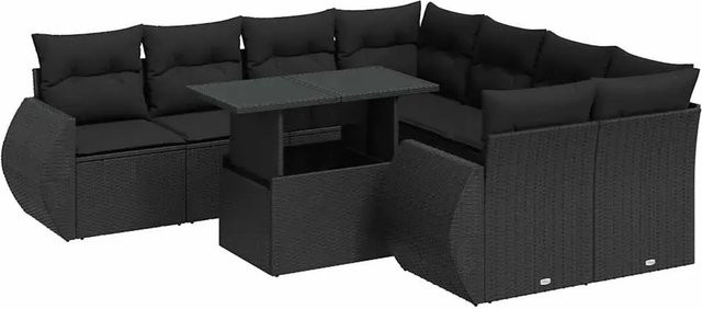 vidaXL 9-tlg. Garten-Sofagarnitur aus Poly-Rattan mit Kissen in Schwarz - Bild 1
