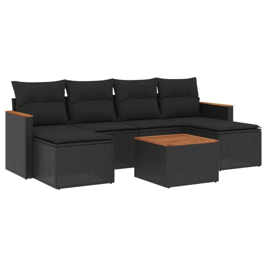 vidaXL 7-teilige Garten-Sofagarnitur aus Poly-Rattan und Akazienholz in Schwarz mit Kissen - Bild 2