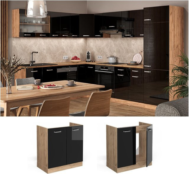 Vicco Spülenunterschrank R-Line Küchenschrank in Eiche mit Blau und Grau, Breite: 80 cm - Bild 1