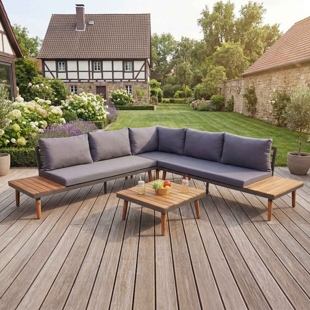 Garten-Garnitur MCW-E97 Lounge-Set aus Akazie Holz mit Polstern und Tisch in Grau - Bild 1