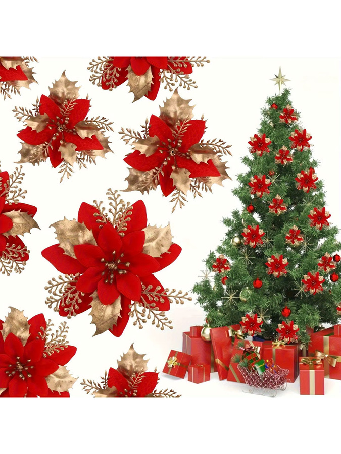 DUTRIEUX 20 Stück Weihnachtssterne-Clips aus Kunststoff in Rot, Gold und Silber mit Blumen-Design als hängende Weihnachtsdekoration - Bild 5