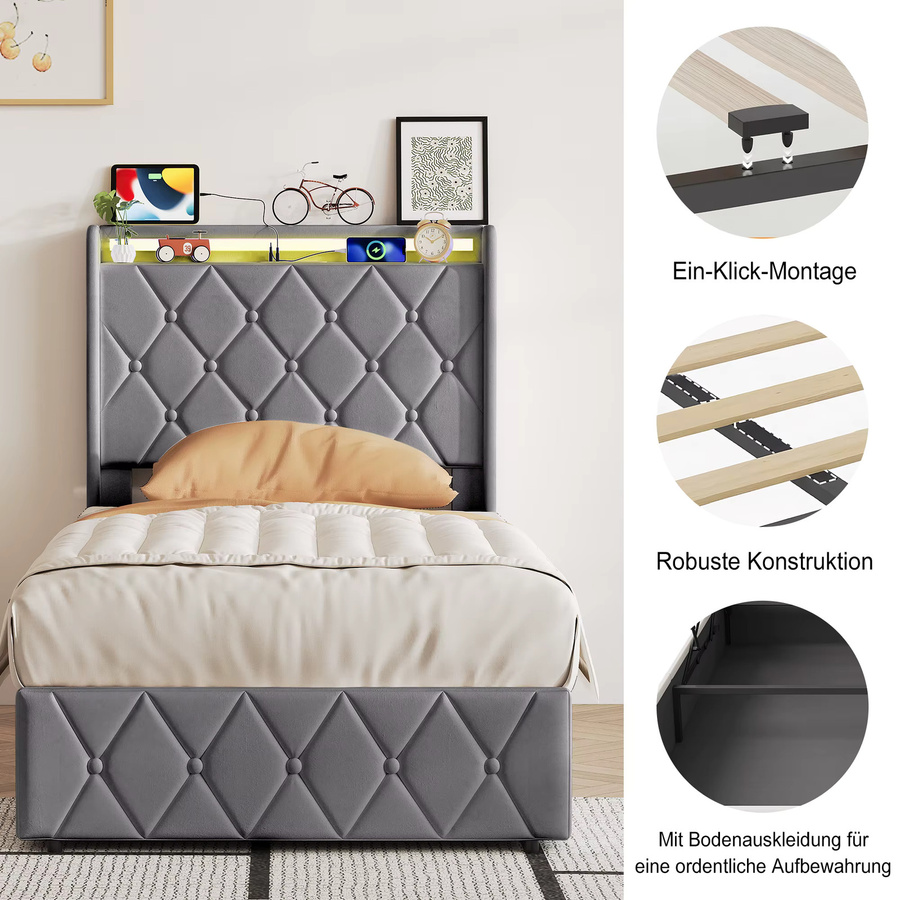 Comanlai Polsterbett mit Stauraum aus Samt in Grau, B/T: 90 x 200 cm - Bild 5