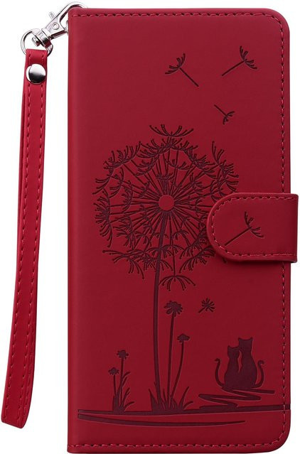 eForMobile Handyhülle aus Leder mit 3D-Blumen und Katzen-Prägung, Flip Cover mit Handschlaufe und Magnetkartensteckplatz für iPhone 16, iPhone 15 Pro, Samsung Galaxy A16, Rot - Bild 1