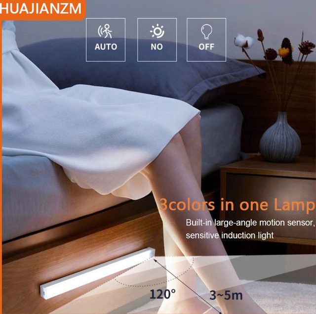 HUAJIANZM USB aufladbares Motion Sensor Nachtlicht mit 3 Lichtfarben für Schrank, Garderobe, Treppe und Küchenunterschränke - Bild 1