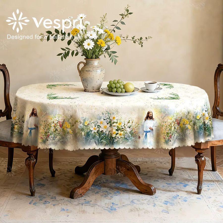 Vespri Oster-Tischdecke mit blauem Blumenmuster in Weiß, rund, Durchmesser: 152,4 cm - Bild 2