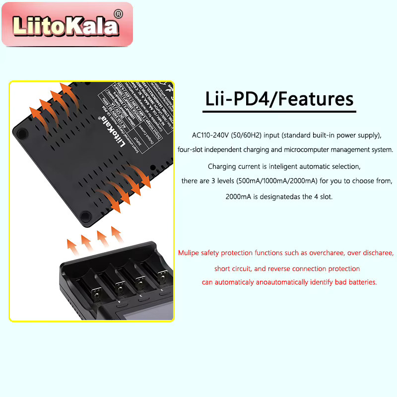 LiitoKala Lii-PD4 AC PD-Ladegerät in Schwarz mit LCD-Display, 4-Bay Schnellladegerät für LiFePO4 3,2V 21700, 18650, AA und AAA mit Mehrfachschutz und automatischer Erkennung - Bild 2