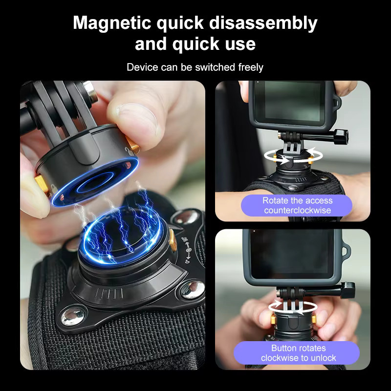 PULUZ Magnetischer Schnellverschluss-Handgelenkschlaufe-Kabelbaum für GoPro HERO 13 12 11 10 9 8 7 und DJI Osmo Action 4 3 2 in Schwarz - Bild 2