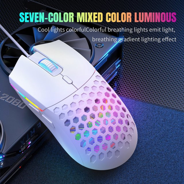 HXSJ RGB-Gaming-Maus mit 6400 CPI, 7-Farben-Atmungsbeleuchtung und Wabenstruktur in Weiß - Bild 1