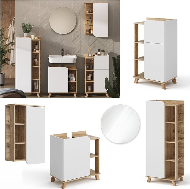 Vicco Badmöbel-Set Karen in Sonoma Weiß, modernes 5-teiliges Badezimmer-Set bestehend aus Waschtischunterschrank, Badspiegel, Midischrank, Unterschrank und Hängeschrank - Bild 1