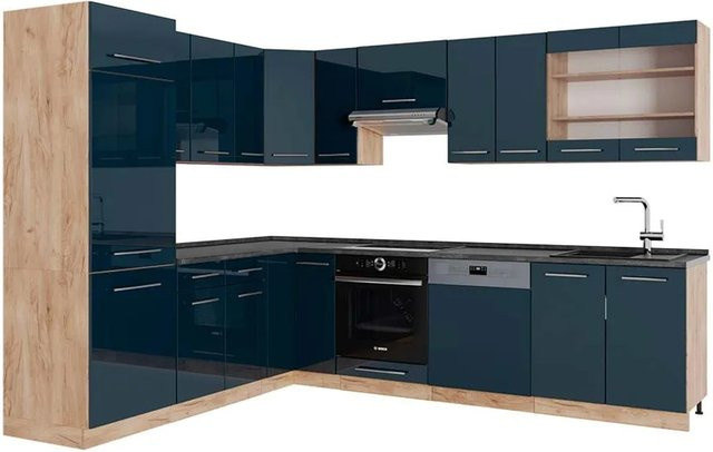 Vicco Eckküche Fame-Line Eiche Dunkelblau Hochglanz mit Arbeitsplatte Anthrazit B/T/H: 287 x 227 x 82 cm - Bild 2