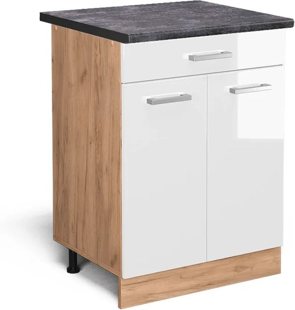 Vicco Küchenunterschrank R-Line Weiß Hochglanz und Goldkraft Eiche mit Schublade und Türen, B/T/H: 60 x 60 x 81,6 cm - Bild 1