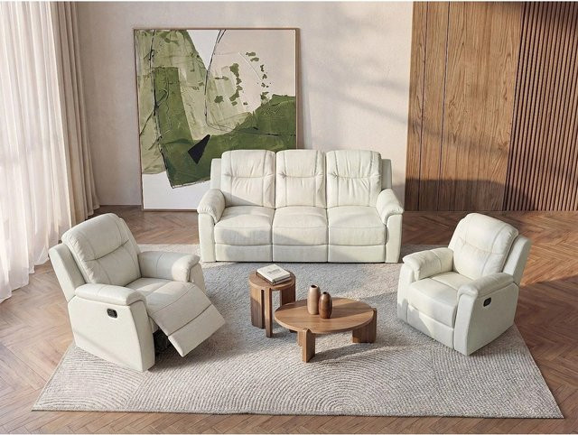 Couchgarnitur Evasion von Vente-unique mit Sessel in Elfenbein aus Rindsleder, Breite: 205 cm, Tiefe: 95 cm, Höhe: 96 cm - Bild 1