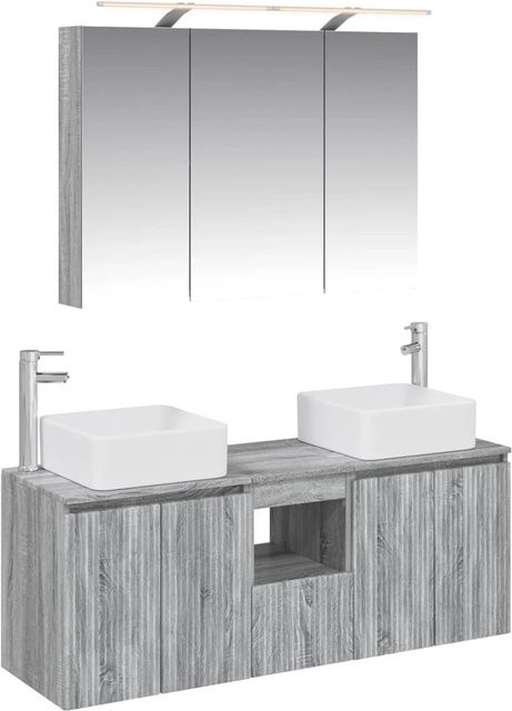 vidaXL Badezimmerschrank-Set 4-teilig in Grau, bestehend aus Waschtischunterschrank, Hochschrank und Spiegelschrank mit LED-Beleuchtung, B/T/H: 100 x 14,5 x 70 cm - Bild 1