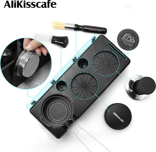 AliKisscafe Kaffee Tamping Station für Siebträger und Espresso Filter Körbe in Schwarz, Barista Werkzeug Zubehör für 51mm, 54mm, 57mm und 58mm - Bild 1