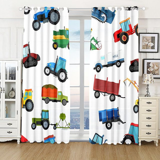 Semitransparente Vorhänge mit Fahrzeug-Motiv LKW Rennauto Feuerwehr Bagger für Kinderzimmer und Wohnzimmer, B/H: 50 x 130 cm, Mehrfarbig - Bild 1