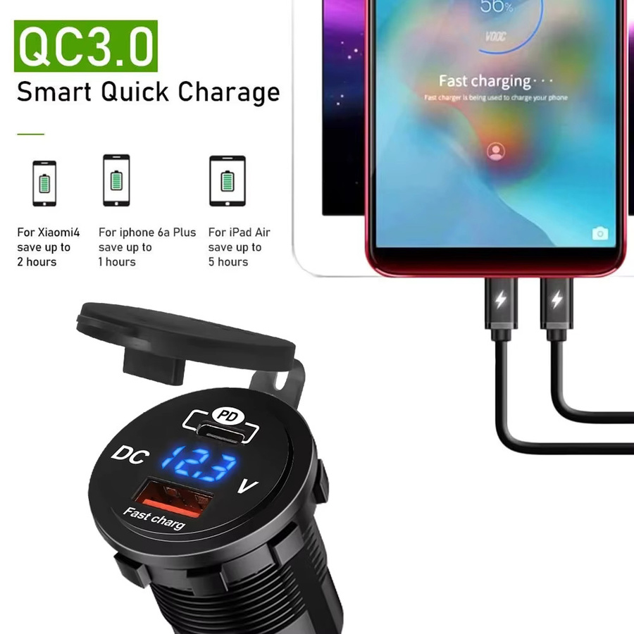 HACHANLUN 60 W PD QC3.0 Autoladegerät mit Messgerät und USB-C Buchse in Schwarz für 12 V/24 V Motorrad, LKW und Boot - Bild 3