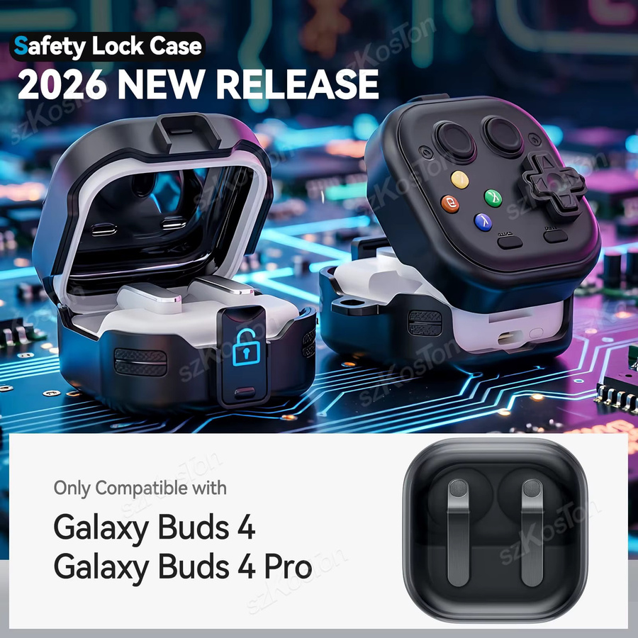 SZKOSTON Silikon-Schutzhülle für Galaxy Buds 4/4 Pro, robuste Hartschale mit Sicherheitsverschluss und Schlüsselanhänger, Schwarz/Grün - Bild 2